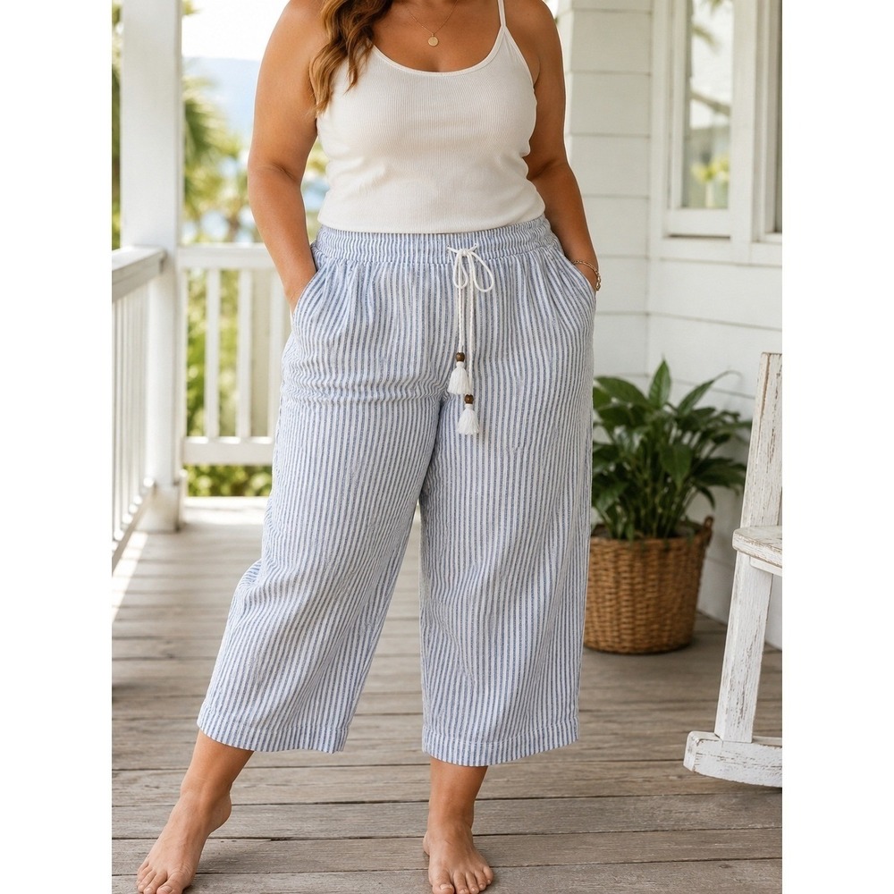 Westbound NWT The Island Crop Pants Womens Plus 2X Blue White Striped Drawstring